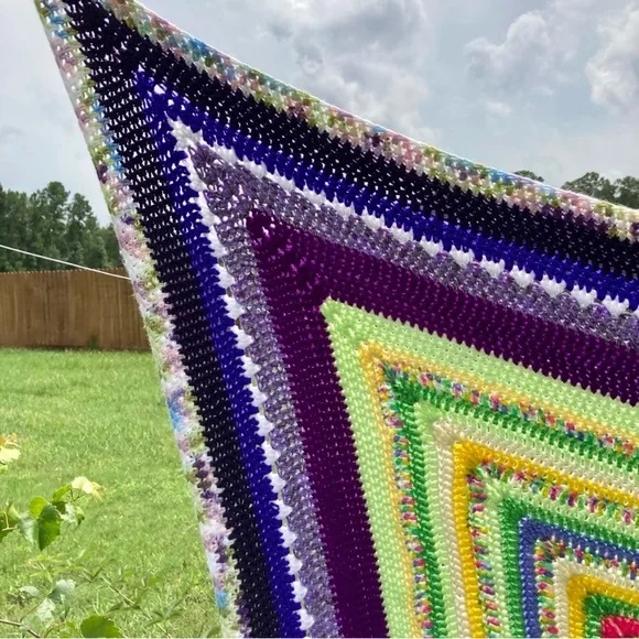 Small Handmade Crocheted Throw Blanket 54” x 52” Purple Green Yellow Pink - Picture 5 of 16